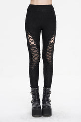 Black Strappy Mesh Splice Ruched Women's Punk Leggings